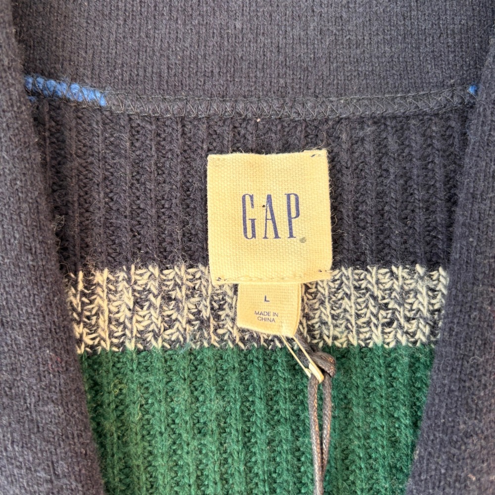 Gap Mens Merino Wool Blend Shawl Collar Cardigan Sweater Navy Blue Striped L NEW - Picture 2 of 6